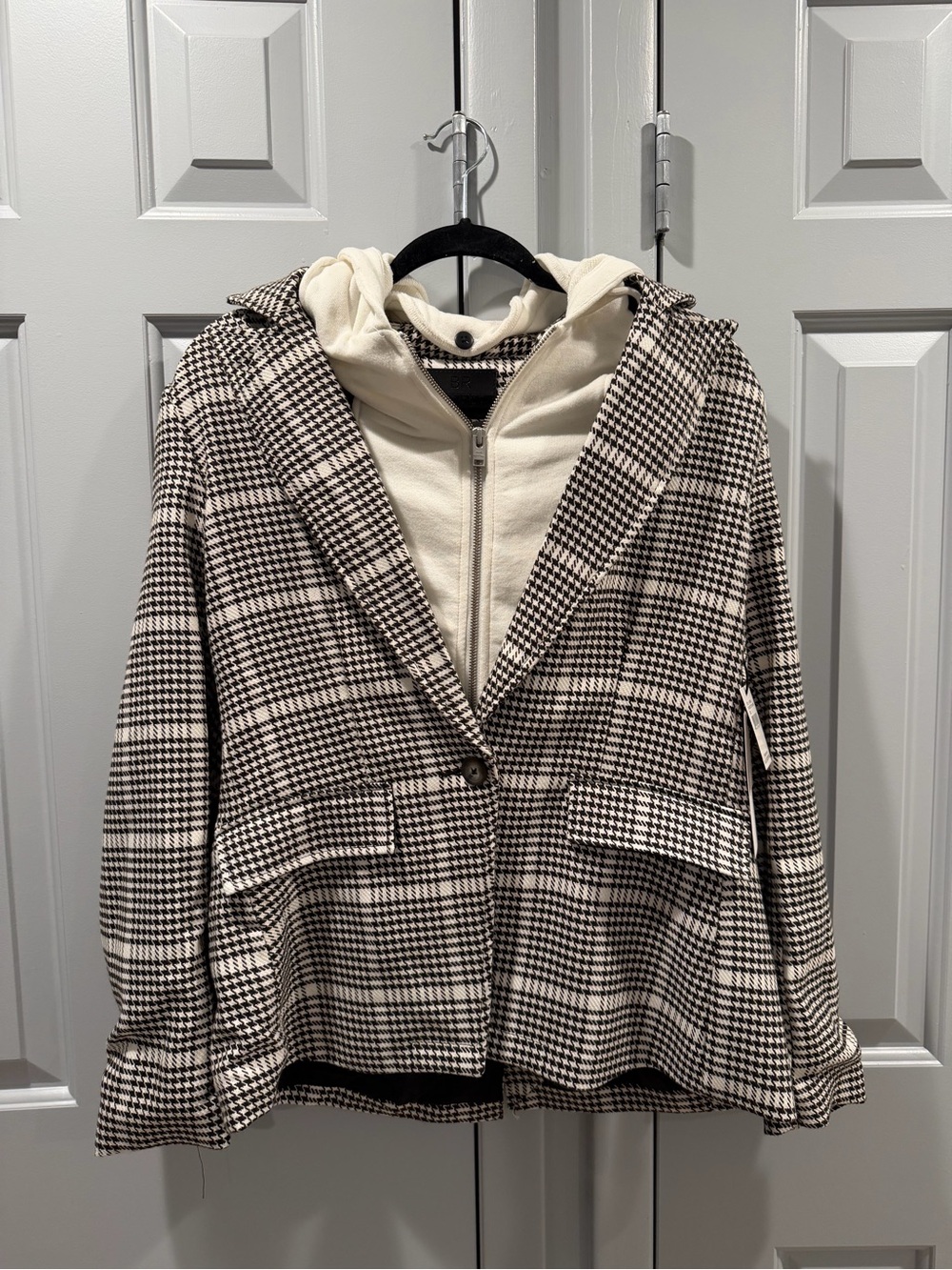 Checked Wool-Blend Blazer with Cream Hooded Insert